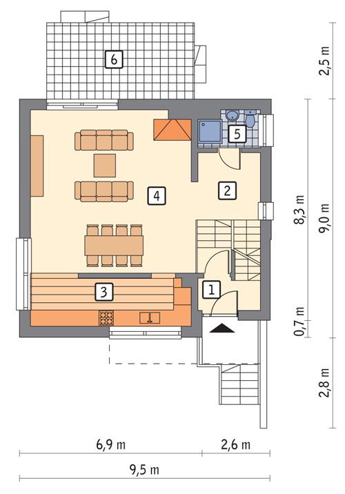 Rzut parteru POW. 65,4 m²
