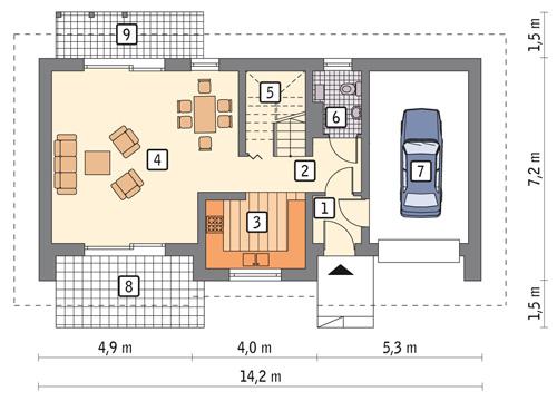 Rzut parteru POW. 69,7 m²