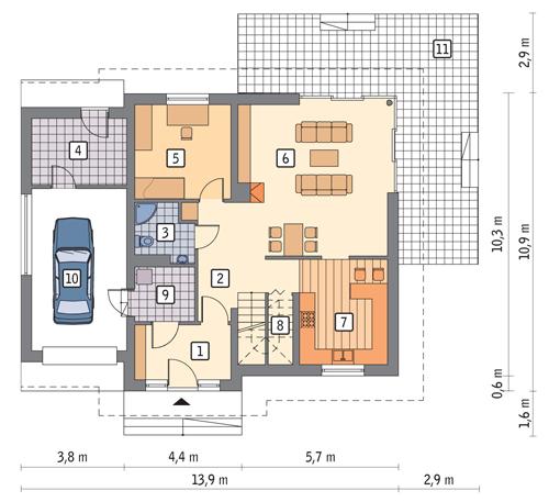 Rzut parteru POW. 108,9 m²