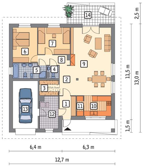 Rzut parteru POW. 124,6 m²
