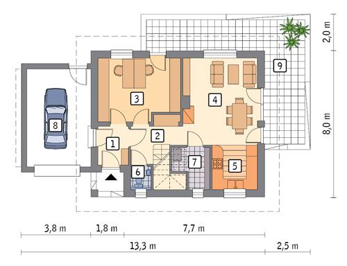 Rzut parteru POW. 74,6 m²