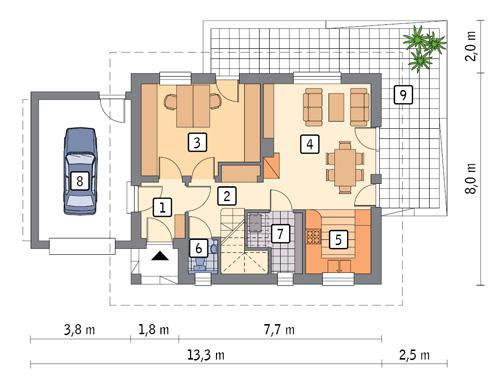Rzut parteru POW. 74,6 m²