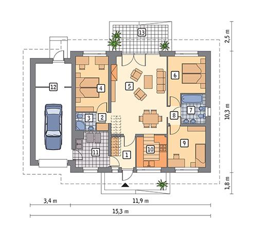Rzut parteru POW. 121,6 m²