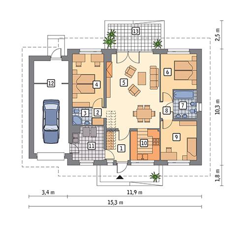 Rzut parteru POW. 121,6 m²