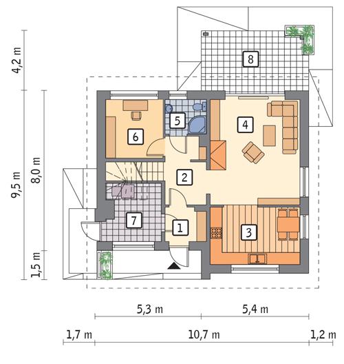 Rzut parteru lustro POW. 65,7 m²