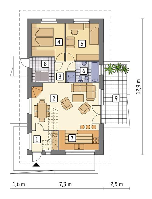 Rzut parteru POW. 75,6 m²