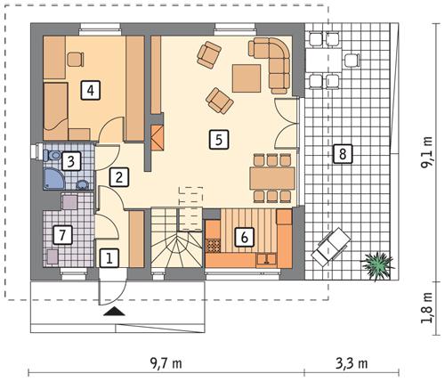 Rzut parteru POW. 63,8 m²