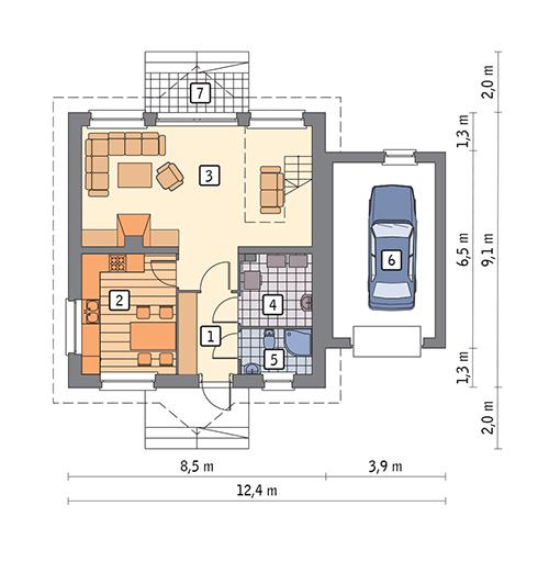 Rzut parteru POW. 77,2 m²