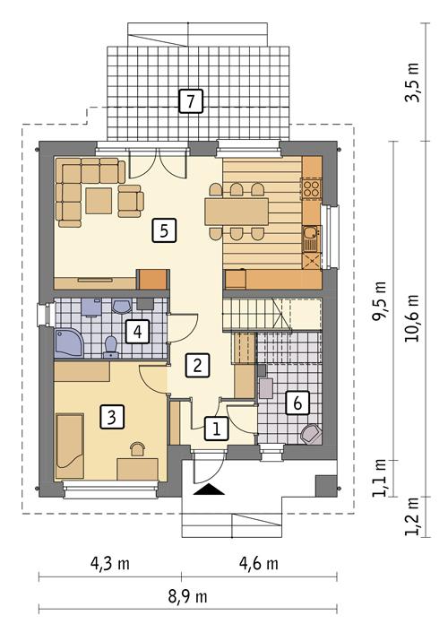 Rzut parteru POW. 65,5 m²