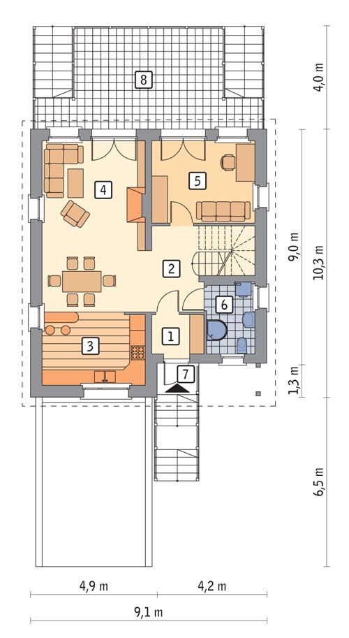 Rzut parteru POW. 90,4 m²