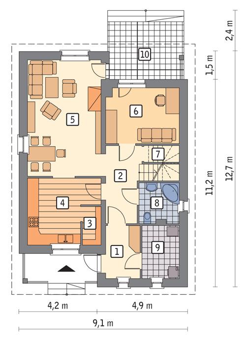 Rzut parteru POW. 74,0 m²