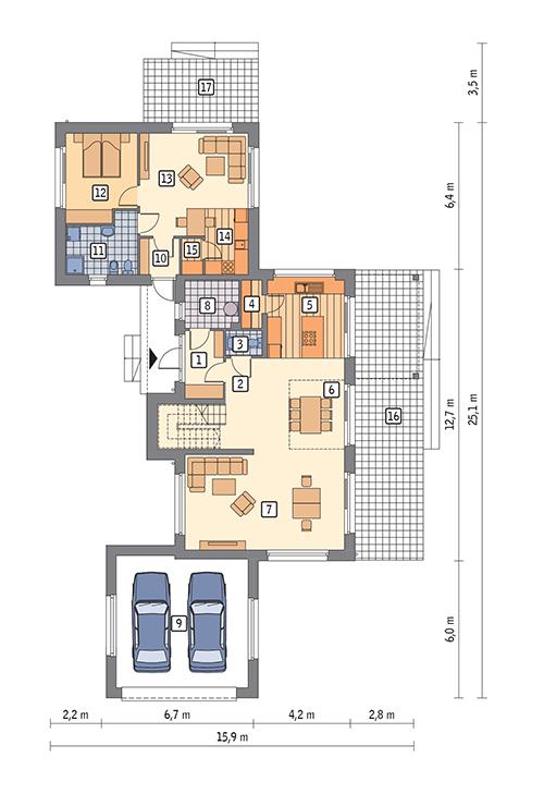 Rzut parteru POW. 158,9 m²