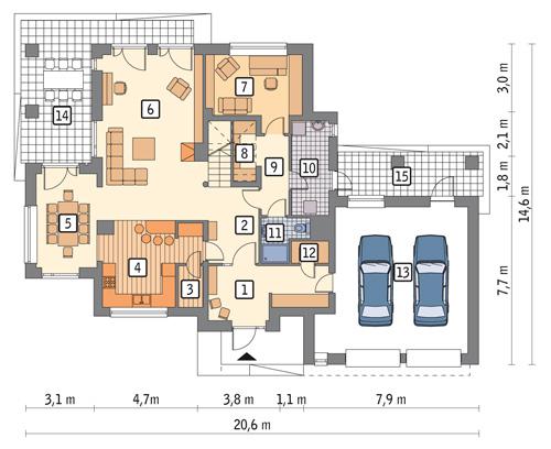Rzut parteru POW. 153,5 m²
