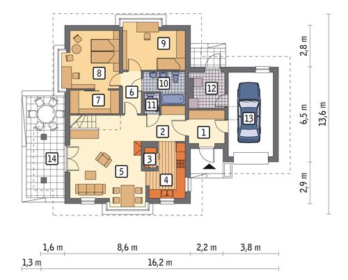 Rzut parteru POW. 113,6 m²
