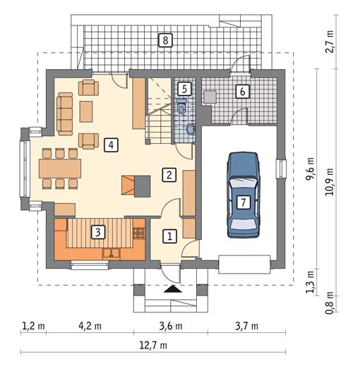 Rzut parteru POW. 85,9 m²
