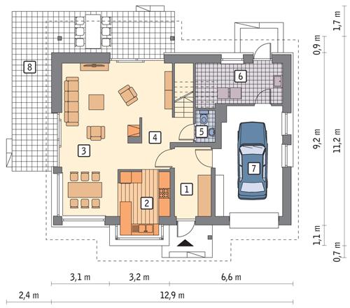 Rzut parteru POW. 88,0 m²