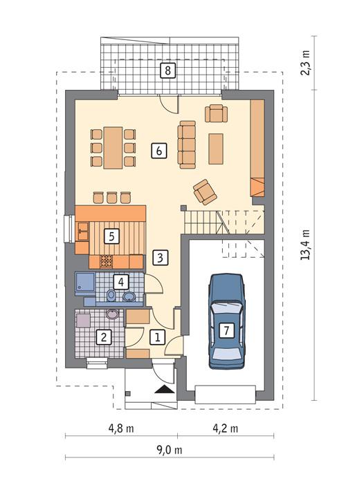 Rzut parteru POW. 89,9 m²