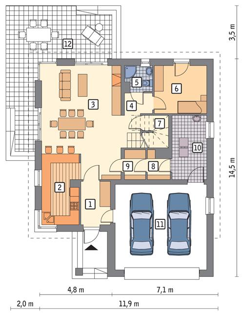 Rzut parteru POW. 121,3 m²