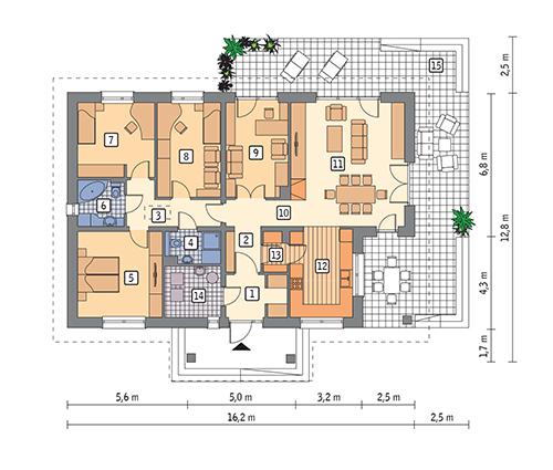 Rzut parteru POW. 128,3 m²