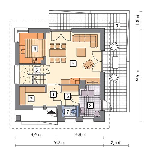 Rzut parteru POW. 58,4 m²