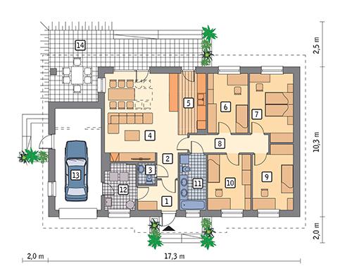 Rzut parteru POW. 134,7 m²