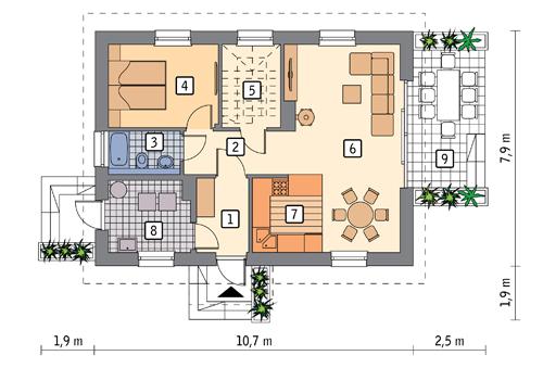 Rzut parteru POW. 62,9 m²