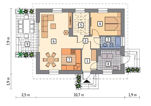 Rzut parteru lustro POW. 62,9 m²