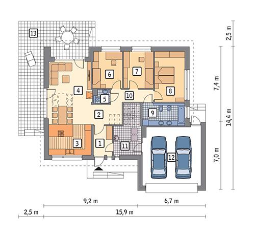 Rzut parteru POW. 144,8 m²