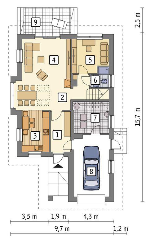 Rzut parteru POW. 92,7 m²