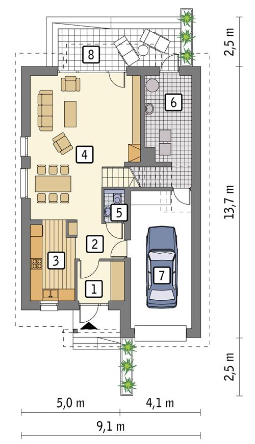 Rzut parteru POW. 89,0 m²