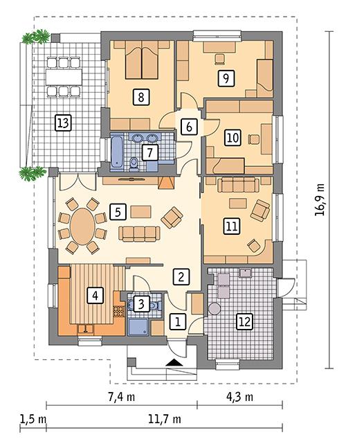 Rzut parteru POW. 134,7 m²