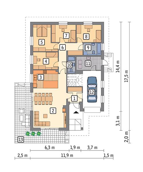 Rzut parteru POW. 149,9 m²