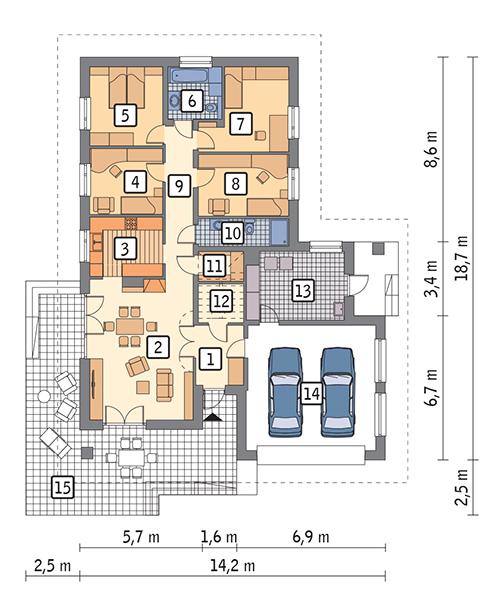 Rzut parteru: wersja podstawowa POW. 165,4 m²
