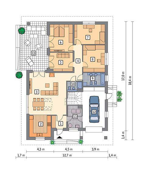 Rzut parteru POW. 150,9 m²