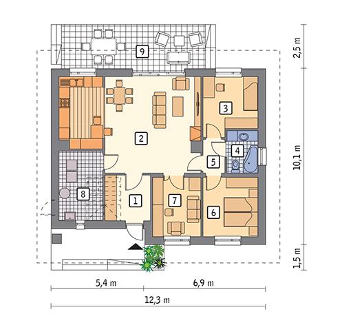 Rzut parteru POW. 90,4 m²