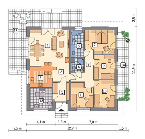 Rzut parteru POW. 117,9 m²
