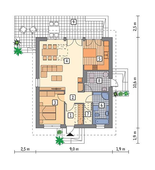 Rzut parteru POW. 74,6 m²