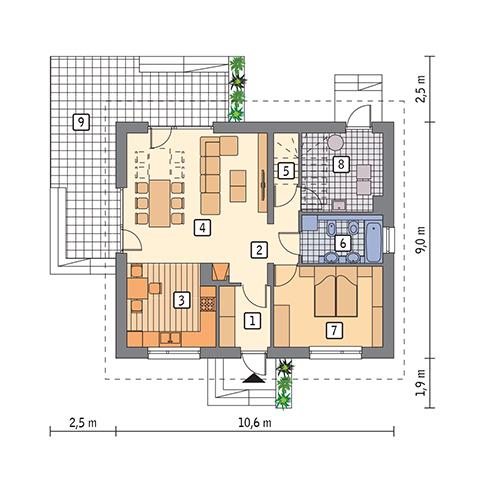 Rzut parteru POW. 74,3 m²