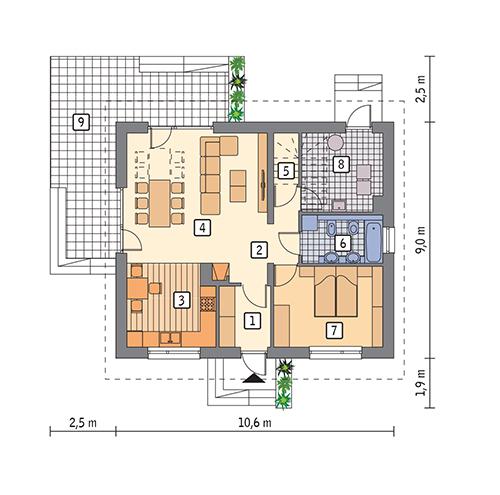 Rzut parteru POW. 74,3 m²