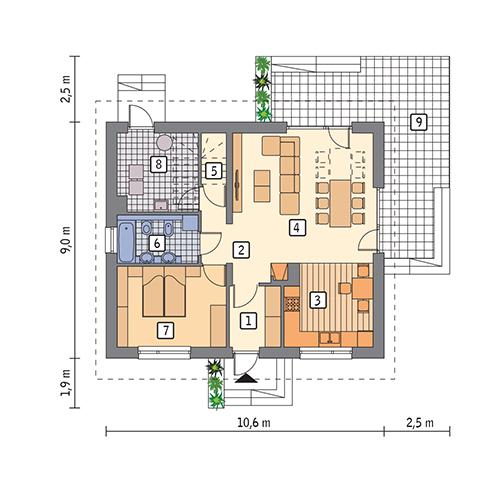 Rzut parteru lustro POW. 74,3 m²