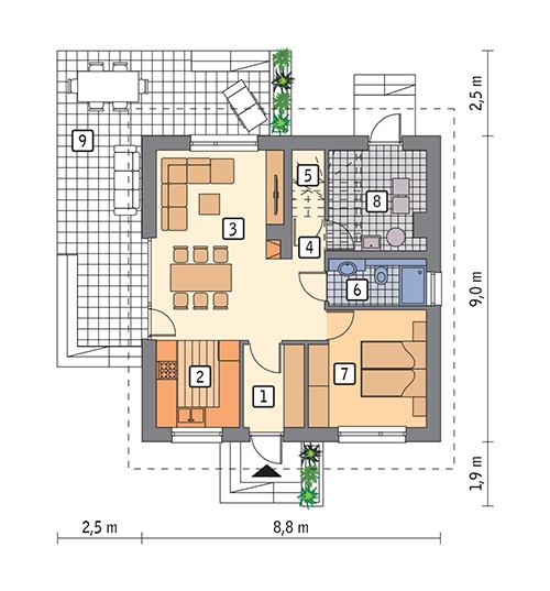 Rzut parteru POW. 59,9 m²