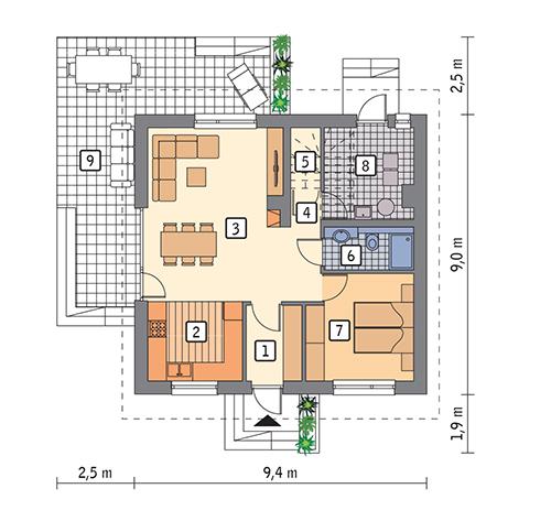 Rzut parteru POW. 64,8 m²
