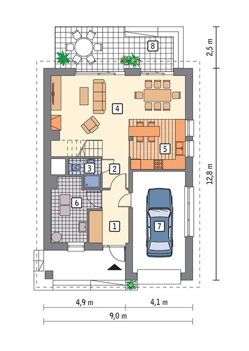 Rzut parteru POW. 77,2 m²
