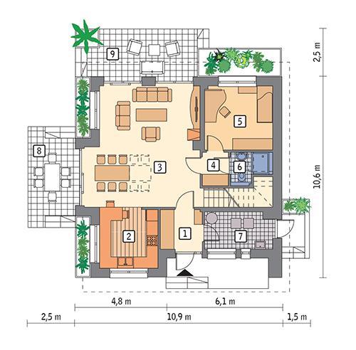 Rzut parteru POW. 73,1 m²