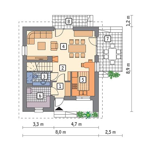 Rzut parteru POW. 45,7 m²