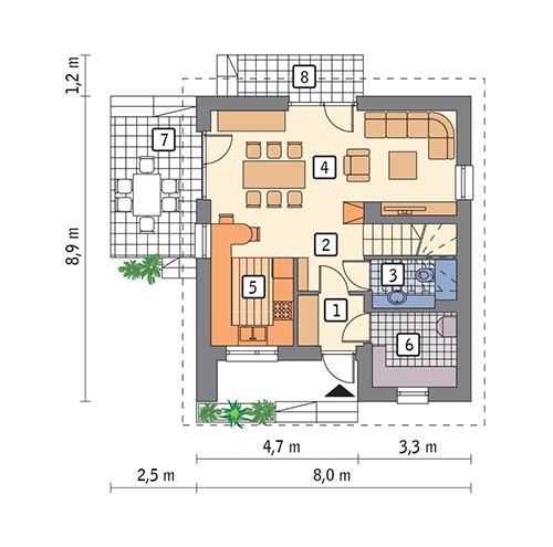 Rzut parteru lustro POW. 45,7 m²