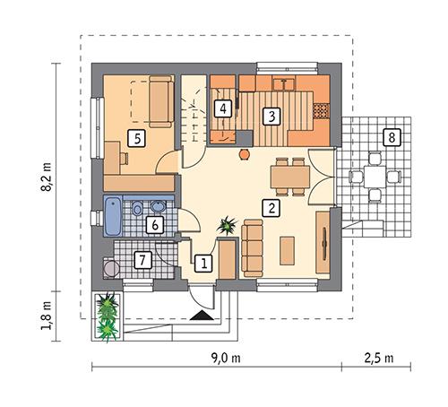 Rzut parteru lustro POW. 52,5 m²