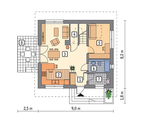 Rzut parteru POW. 52,8 m²