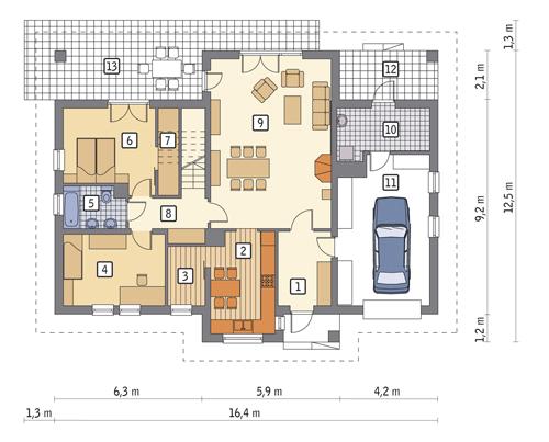 Rzut parteru POW. 130,7 m²