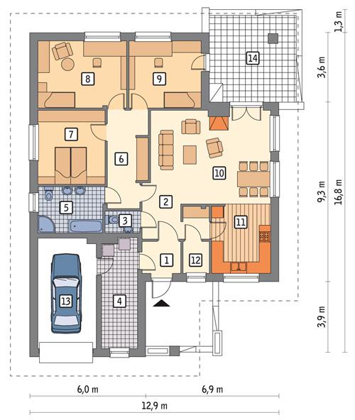 Rzut parteru POW. 140,9 m²